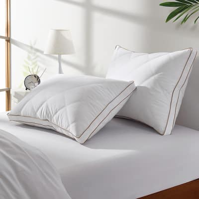 Set of 2 Goose Feather and Down Gusseted Bed Pillow with Diamond Quilting Breathable Cover - White
