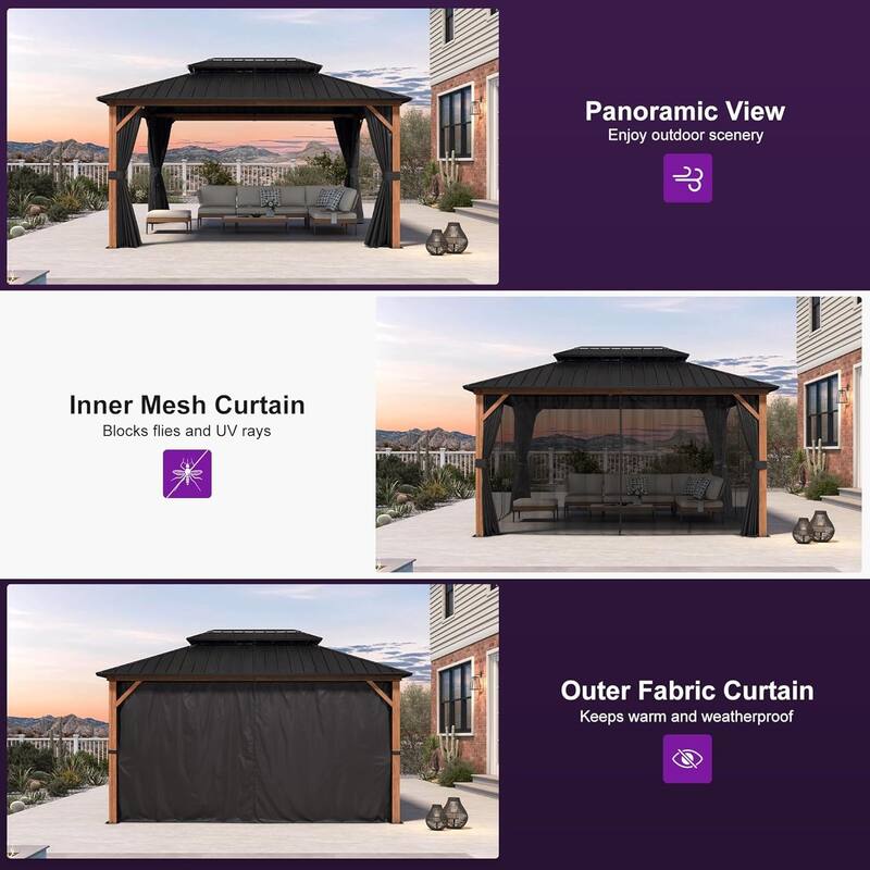 PURPLE LEAF Patio Hardtop Gazebo for Outdoor Wood Grain Aluminum Frame Galvanized Steel Double Roof and Backyard Garden