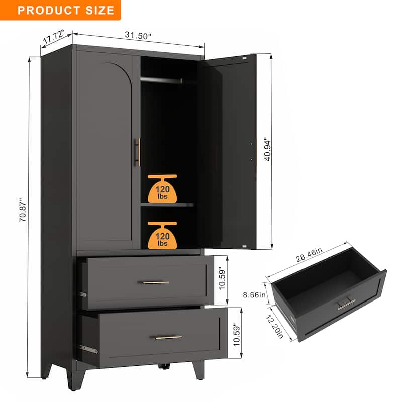 71 Inch Tall Metal Wardrobe Cabinet with 2 Drawers and Hanging Rod, 2 Door Steel Closet with Shelf for Bedroom