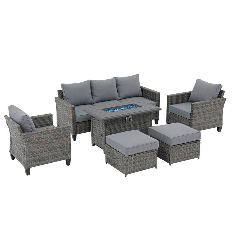 Outdoor 6 Pieces Wicker Sectional Sofa Set with Fire Pit Table