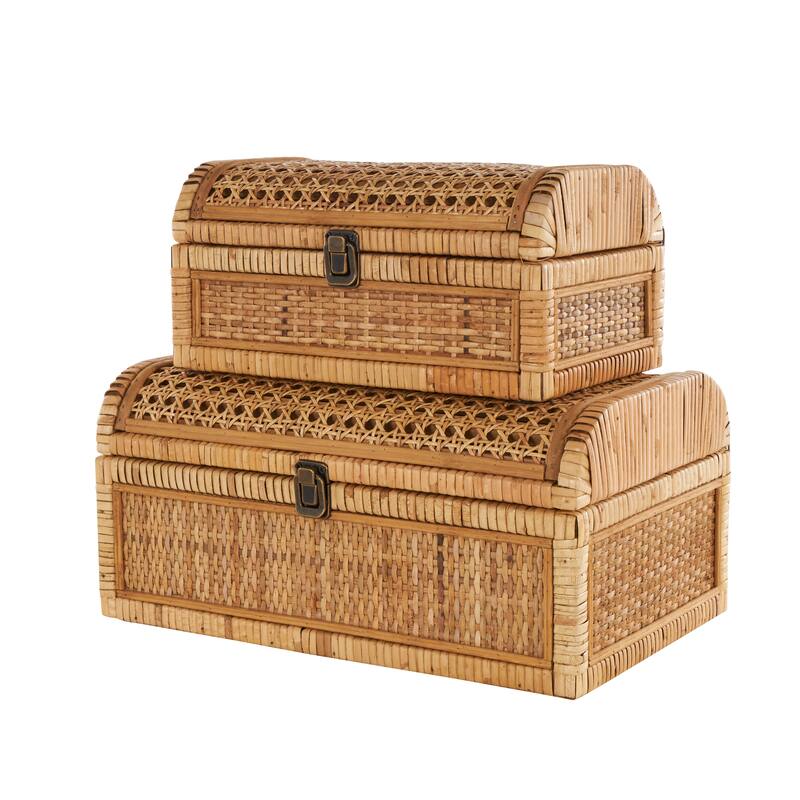 Brown Rattan Handmade Woven Storage Decorative Box with Curved Tops and Wrapped Edges (Set of 2)