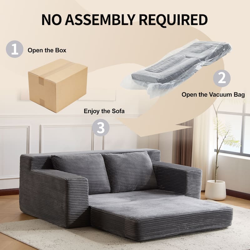Floor Corduroy Deep Seat Loveseat Sofa with Folding Mattress Convertible Sleeper Sofa Bed with Reversible Cushion and Pillows