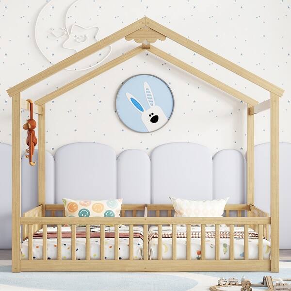 slide 2 of 17, Double Twin House-Style Floor Bed with Fence,Guardrails Natural