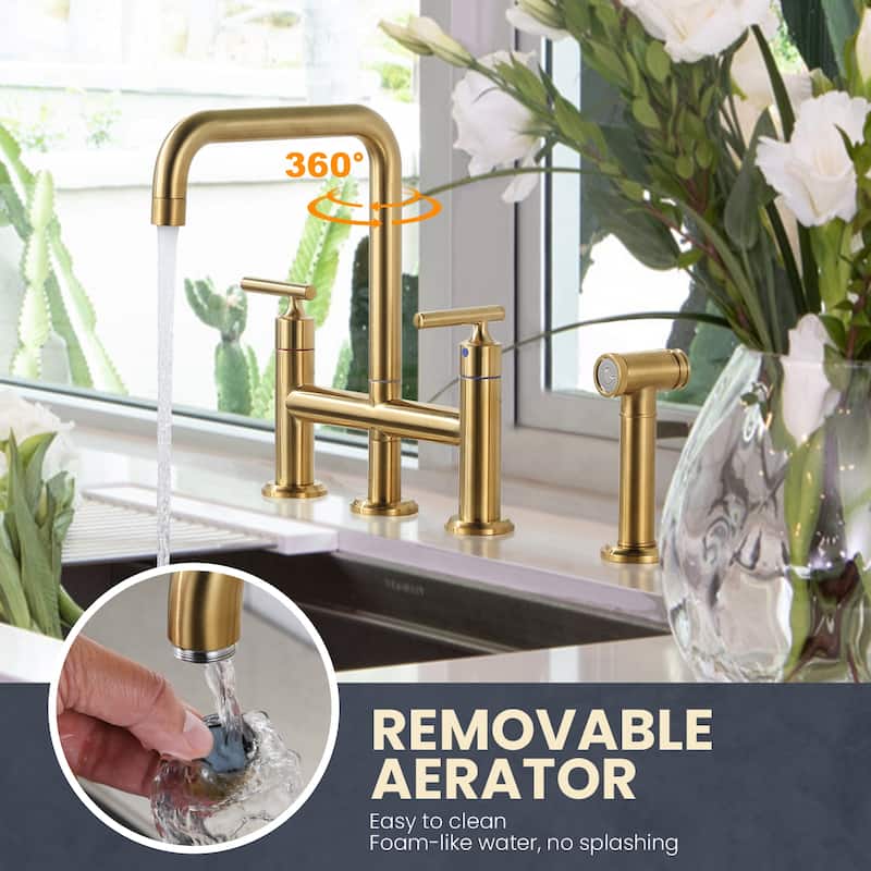 WOWOW Double Handle Bridge Kitchen Faucet with Side Sprayer