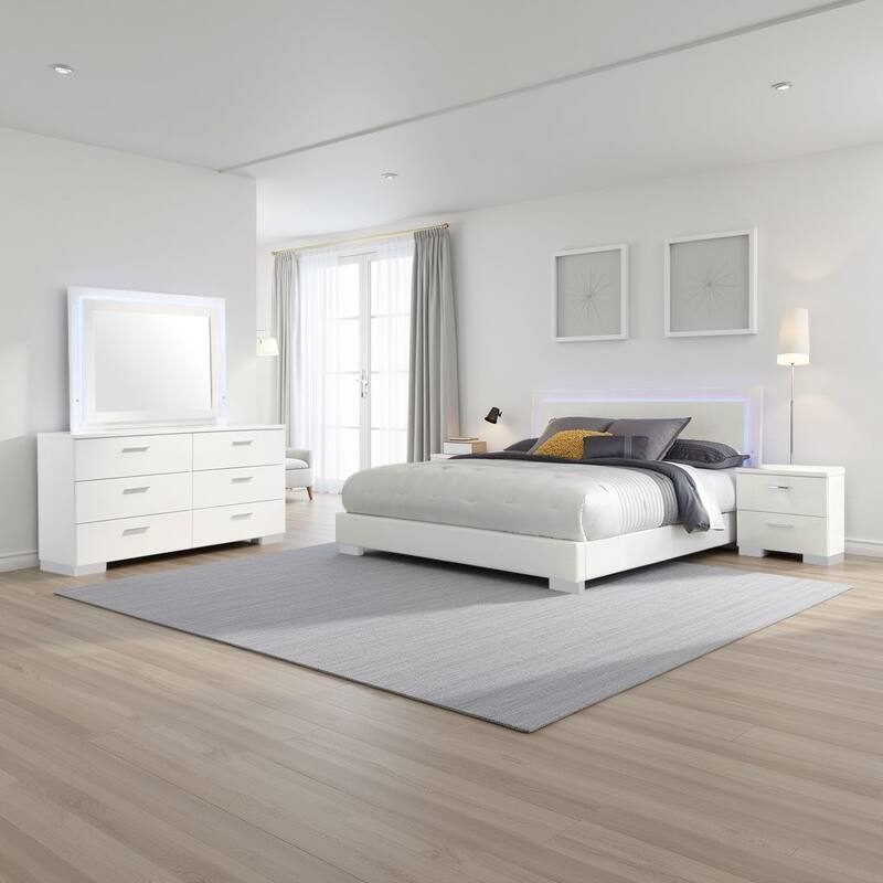 Sok 4pc King Bedroom Set, Blue LED Lights, Faux Leather, White Wood