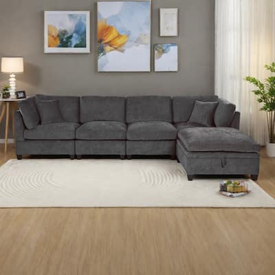 127.6" Polyester Modular Sectional 5-Seat L-Shaped Sofa with Storage Ottoman and Hidden Cup Holders