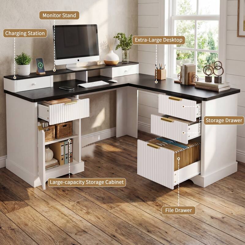 59" Modern Fluted L-Shaped Desk with Charging Station & Storage Cabinet Home Office Computer Desk with Monitor Stand