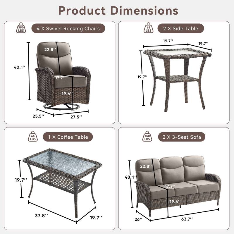 Pocassy Patio 9-Piece Sofa Swivel Chair with Coffee Table