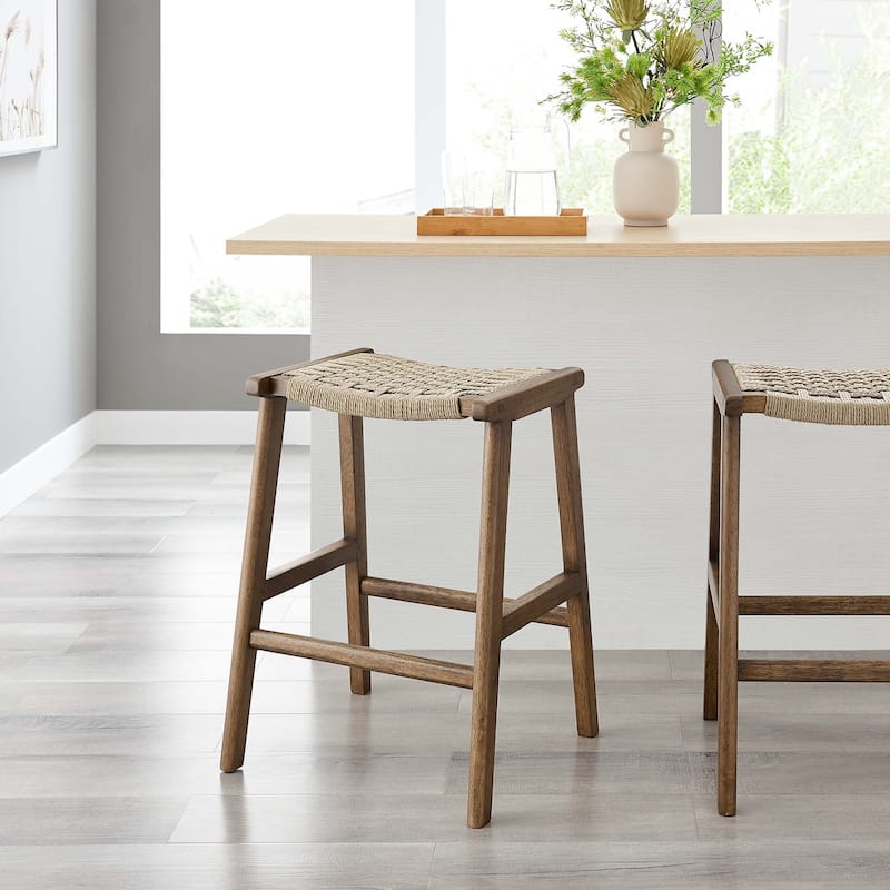 Saoirse Woven Rope Wood Counter Stool - Set of 2 - Walnut- Natural