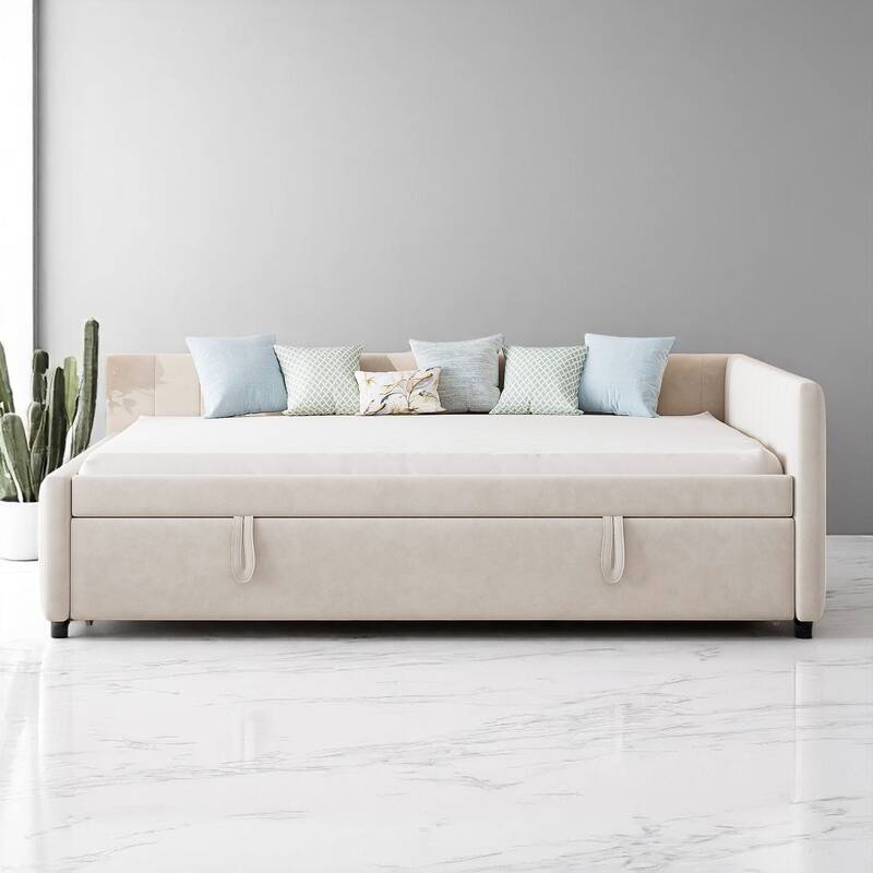 Stylish Full Size Daybed with Pull-Out Twin Trundle, L-Shaped Backrest, and No Box Spring Required