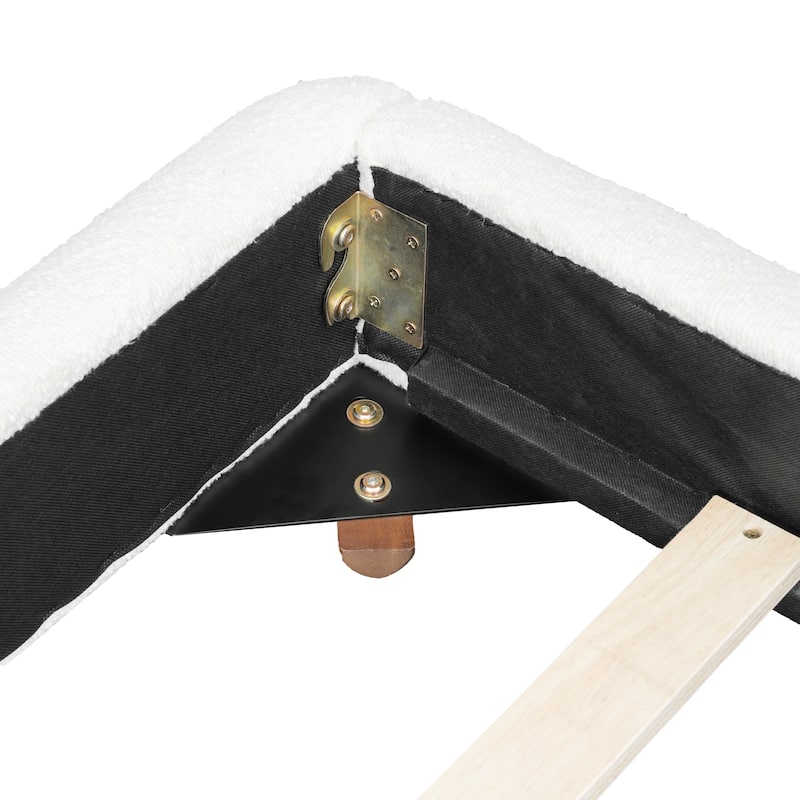 White Upholstered Low-Profile Platform Bed with Boucle Thick Headboard, Solid Wood Legs Grounded Bed Frame, Floor Bed