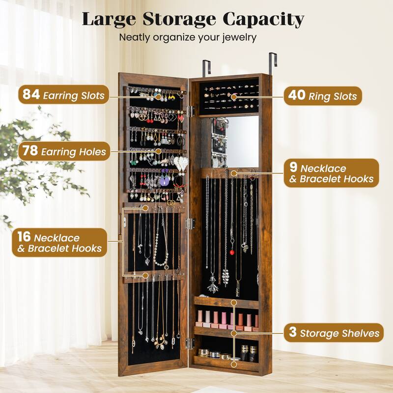 Wall Mounted or Door Hanging Jewelry Cabinet with Full Length Mirror and Inner Makeup Mirror - 12.5" x 3.7" x 43.5"
