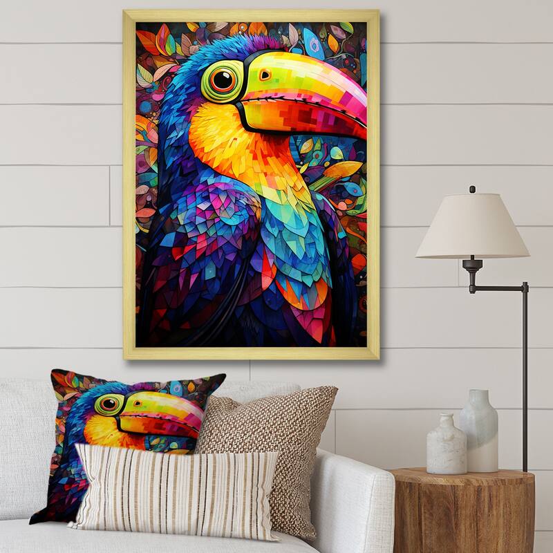 Designart "Yellow And Blue Tropical Toucan Jungle I" Toucan Wall Decor Blue - Traditional Living Room Framed Canvas Art - 30 in. wide x 40 in. high - Gold