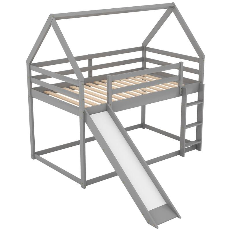 Kids Twin Bunk Bed with Slide & Ladder - Gray House Design for Fun & Safe Play