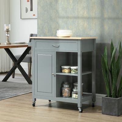 HOMCOM Kitchen Trolley, Wood Top Utility Cart on Wheels with Open Shelf and Storage Drawer for Dining Room, Kitchen