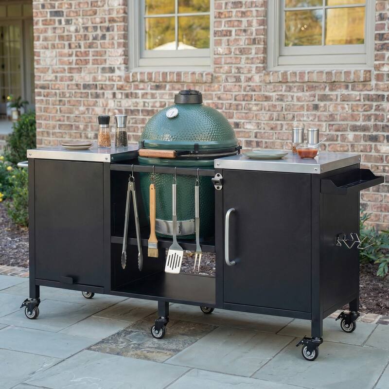 72.4"Large Grill Table for Large Big Green Egg,Metal Outdoor Grill Cart with Fold-out Prep Table,Adjustable Shelves,Spice Rack