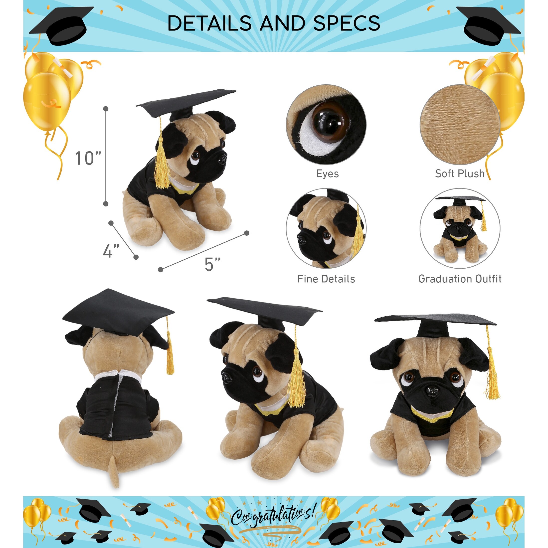 DolliBu Pug Graduation Plush Toy with Gown and Cap with Tassel 10 inches Brown Polyester