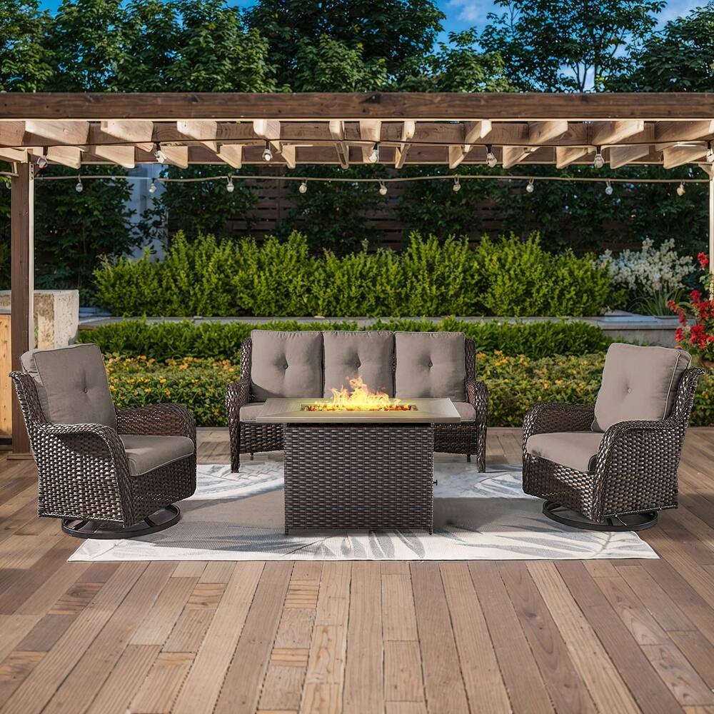 Gymojoy 4-Piece Outdoor Wicker Patio Furniture with Fire Pit Table, Rattan Coversation Set with Water Resistant Thick Cushions