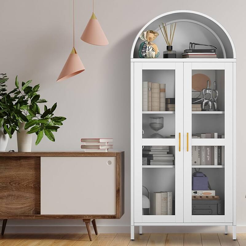 73'' Tall Metal Arched Cabinet, Modern Arch Kitchen Pantry Storage Cabinet with Glass Doors