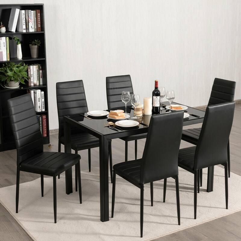 Gymax 7 PCS Kitchen Dining Table Set Breakfast Furniture w/ Glass Top