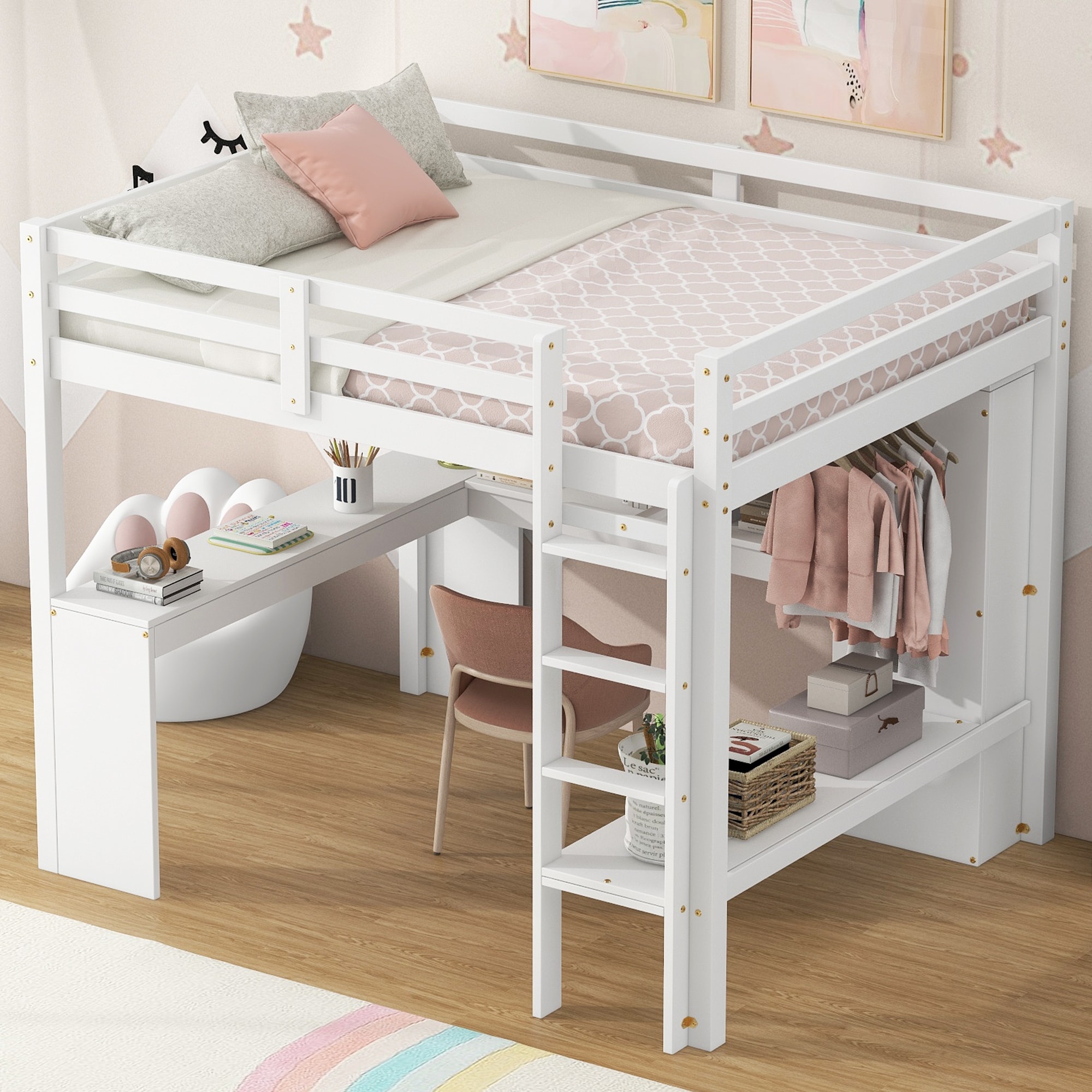 Full Size Loft Bed with Desk, Wardrobe and Storage Shelves
