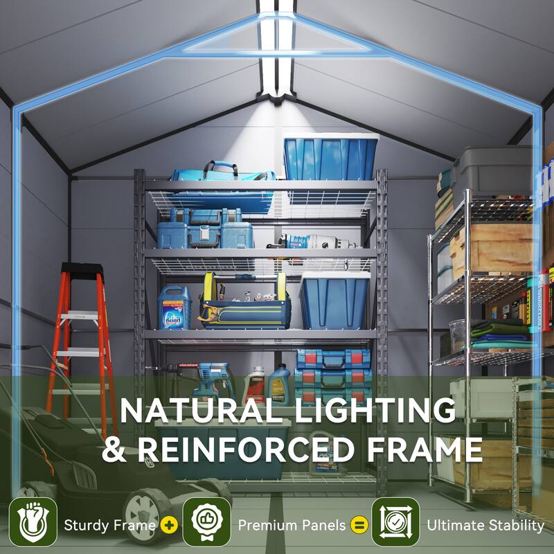 EROMMY Outdoor Storage Shed with Built-In Floor, Lockable Double Doors & Sloped Roof, Gray/Black