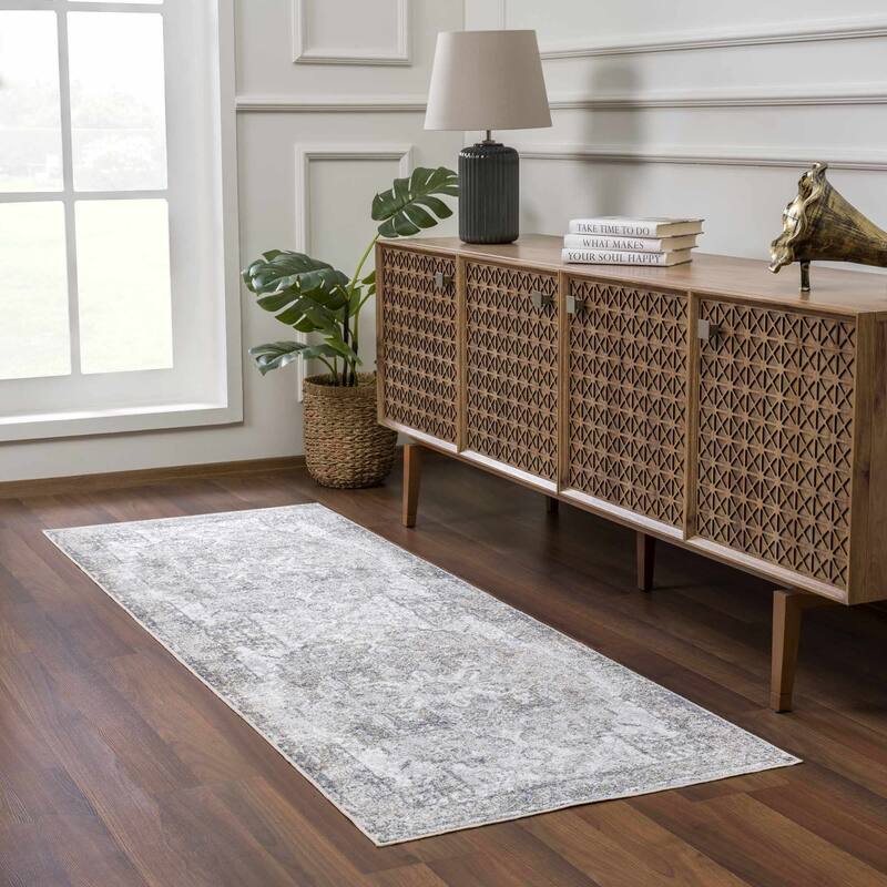 Hauteloom Manhattan Machine Washable Oriental Persian Medallion Vintage Distressed Area Rug - 2'7" x 10' - Ivory, Dark Blue, Light Blue / Hera