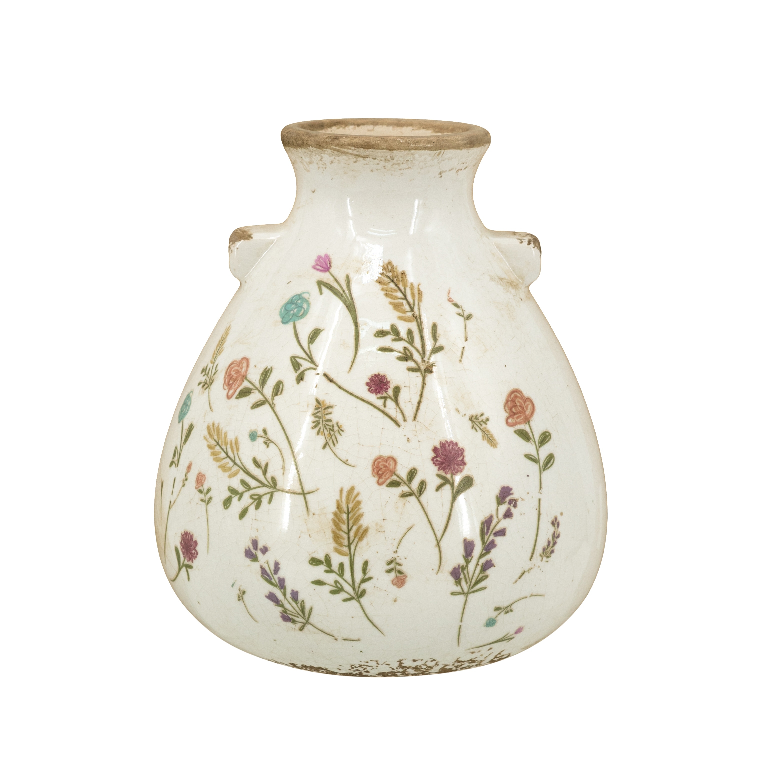 Round Ceramic Accent Vase with Multi-Colored Floral Motifs