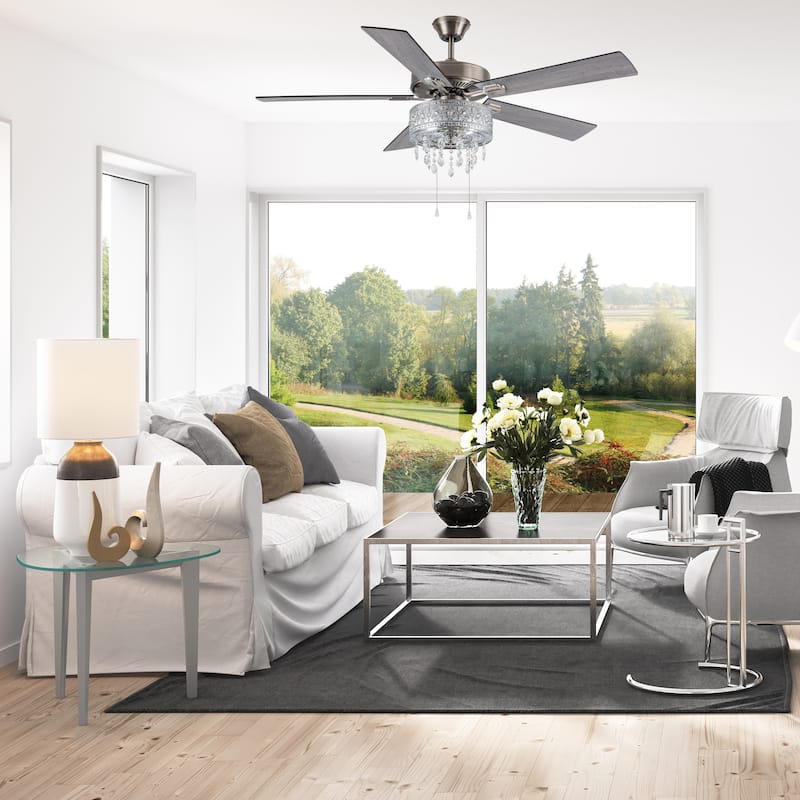 Copper Grove Roxsie 52-inch Satin Nickel LED Chandelier Ceiling Fan - 52"L x 52"W x 18.25"H - 52"L x 52"W x 18.25"H