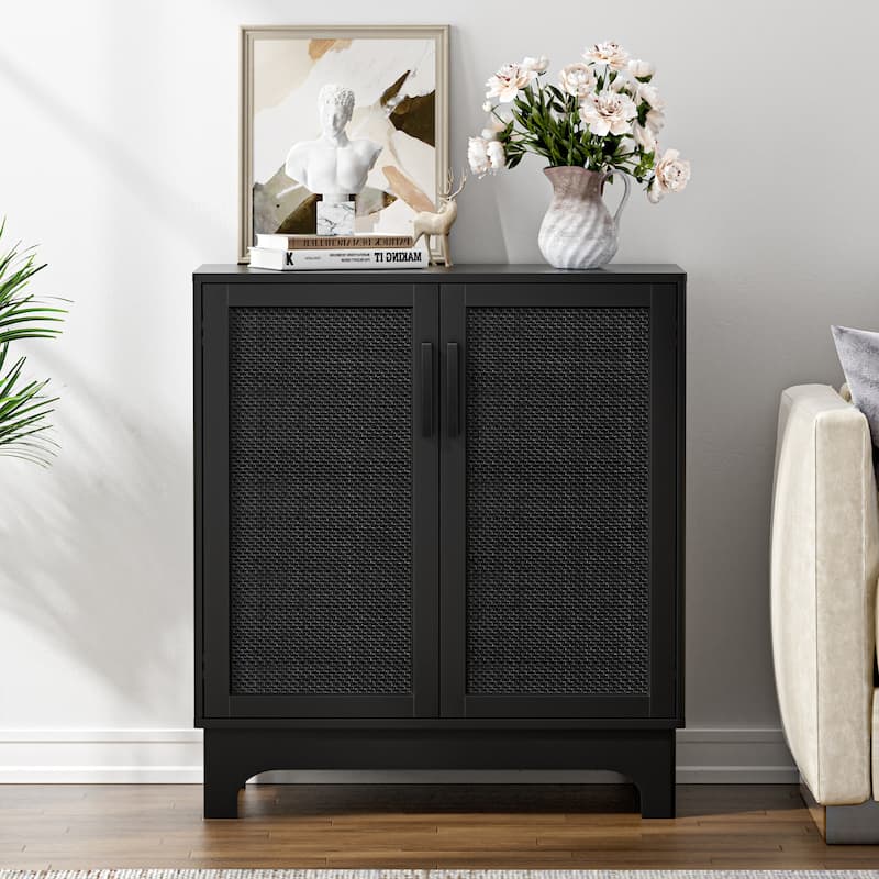 Anmytek Modern 2-Door Black Buffets Sideboards Rattan Kitchen Storage Cabinet with Adjustable Shelf - 31.5" W x 15.7" D x 35" H