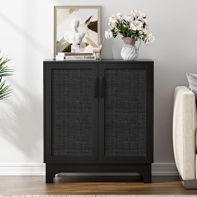 Anmytek Modern 2-Door Black Buffets Sideboards Rattan Kitchen Storage Cabinet with Adjustable Shelf - 31.5" W x 15.7" D x 35" H