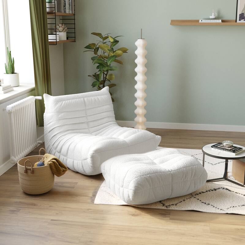 Teddy Fabric Soft Single Sofa with Ottoman - Beige