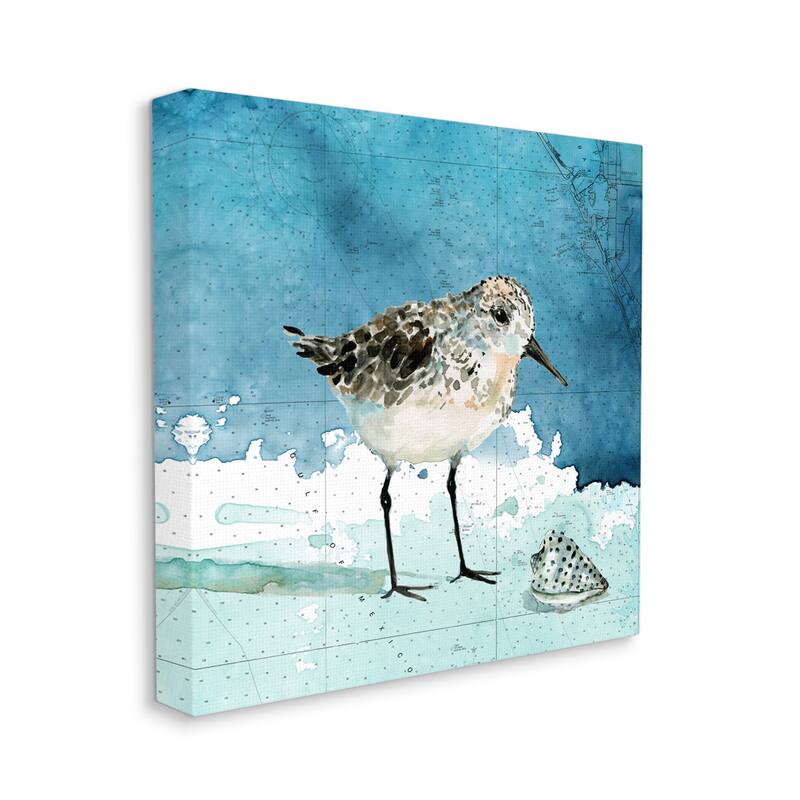 Stupell Sandpiper Bird and Shell Nautical Ocean Map Canvas Wall Art - Blue - 17 x 17