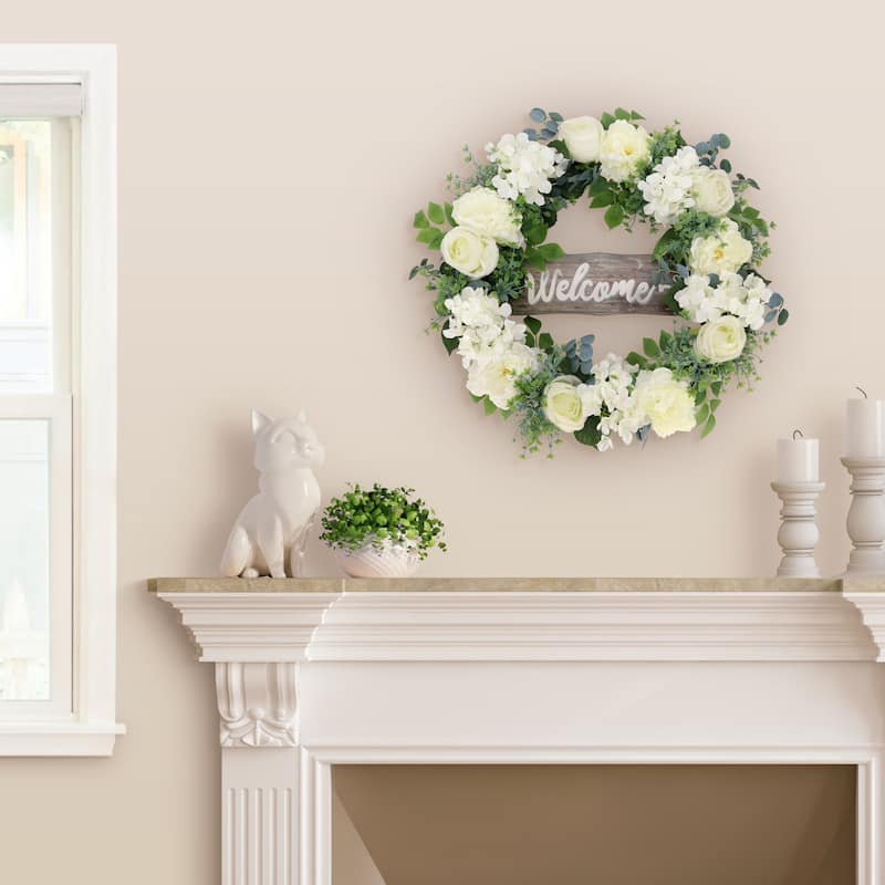 Mixed Floral Artificial Spring Wreath with Welcome Sign - 26" - White