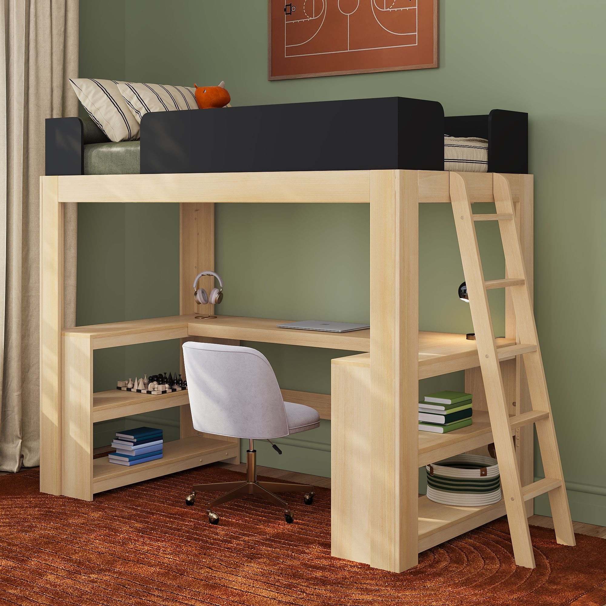 Max and Lily Mid-Century Modern Twin Loft Bed with Wraparound Desk and Shelves