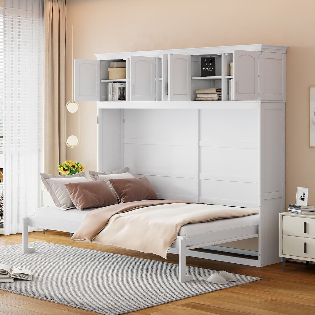 White Queen Size Wall Bed with Top Cabinets - Space Saving Foldable Murphy Bed for Guest Room