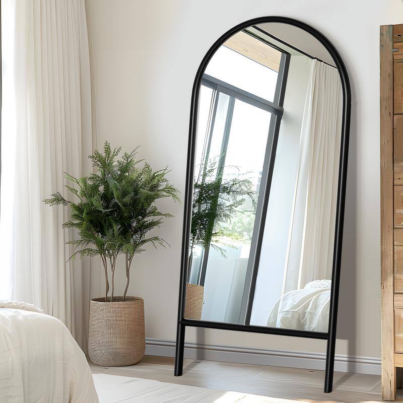 Ladder-Style Arched Solid Wood Framed Full Length Leaning Mirror - 71"x31" - Black-Arched
