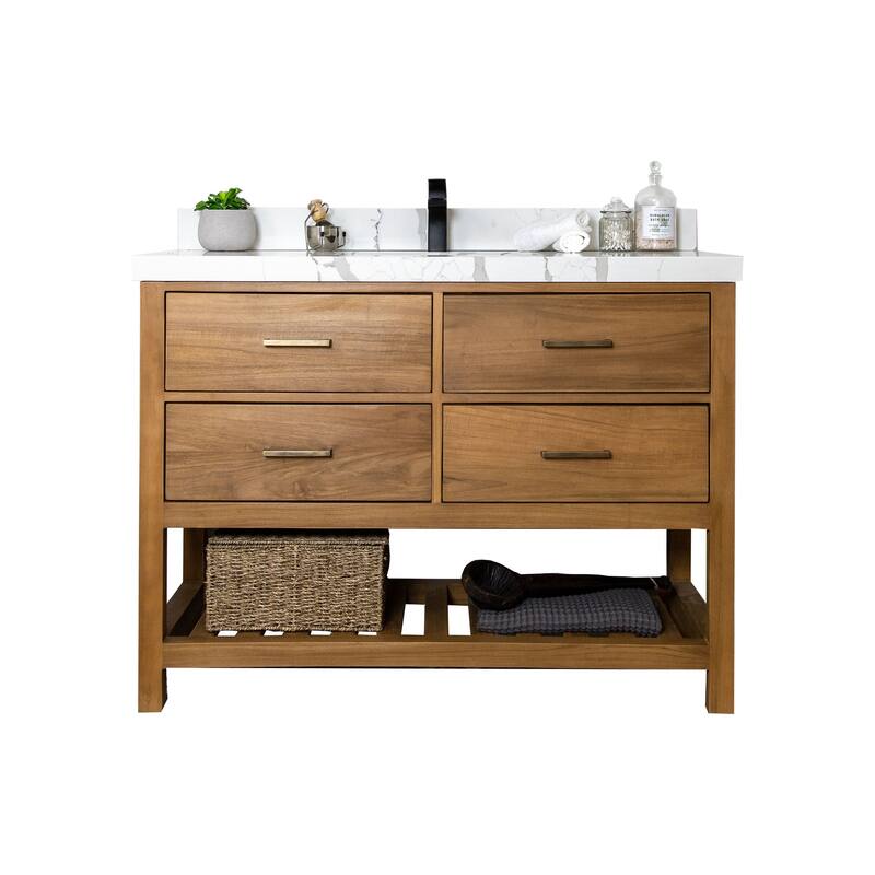 Willow Collections 48 in. W x 22 in. D Parker Solid Teak Single Sink Bathroom Vanity with Countertop - 2"Calacatta Laza - Golden Teak