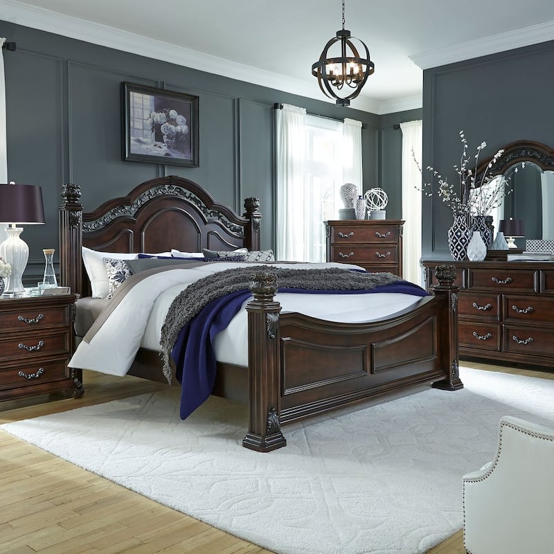 Liberty Furniture Messina Estates Poster Bed, Dresser & Mirror, Chest, Night Stand - King or Queen - Bed, Dresser & Mirror, Nightstand - King