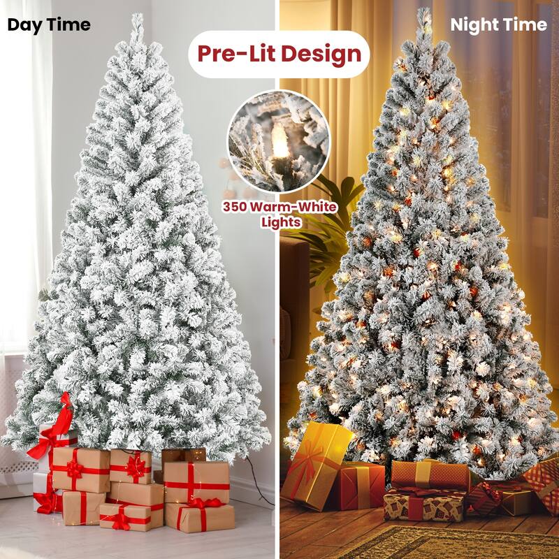 7FT Flocked Christmas Tree with 350 Warm White Incandescent Lights-Snowy Artificial Tree with 1022 Tips and Sturdy Metal Stand