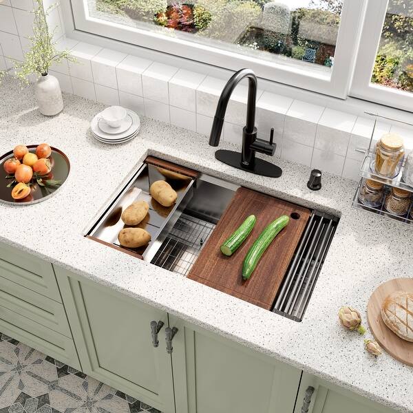 slide 2 of 48, Nano Brushed Stainless Steel Undermount Workstation Kitchen Sink with Touchless Pull-Down Kitchen Faucet and Accessories