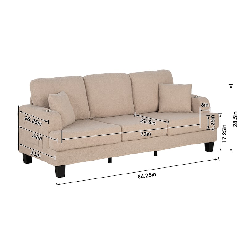 85" Modern Beige Corduroy 3-seater Sofa with USB and 2 Pillows