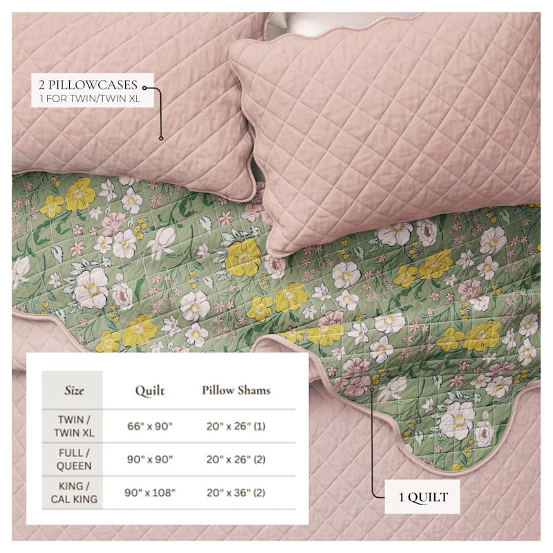 Linery & Co. Cotton Stitched Reversible Floral 3 Piece Scalloped Quilt and Sham Set