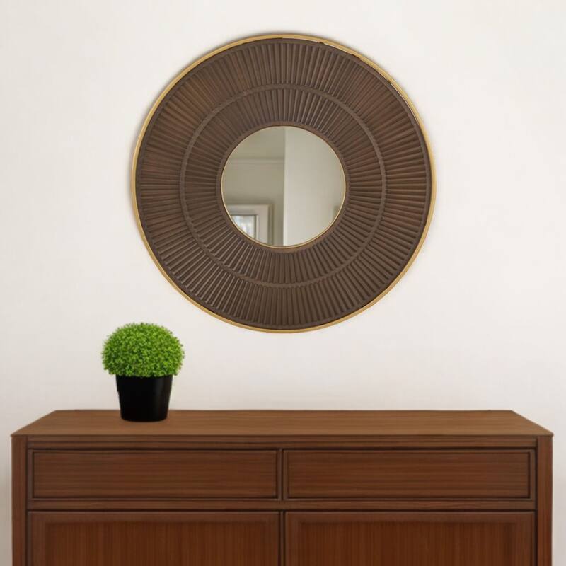 HomeRoots 32" Brown And Gold Round Wood And Metal Framed Accent Mirror - 31.5' X '31.5' X '1.2 - 31.5' X '31.5' X '1.2