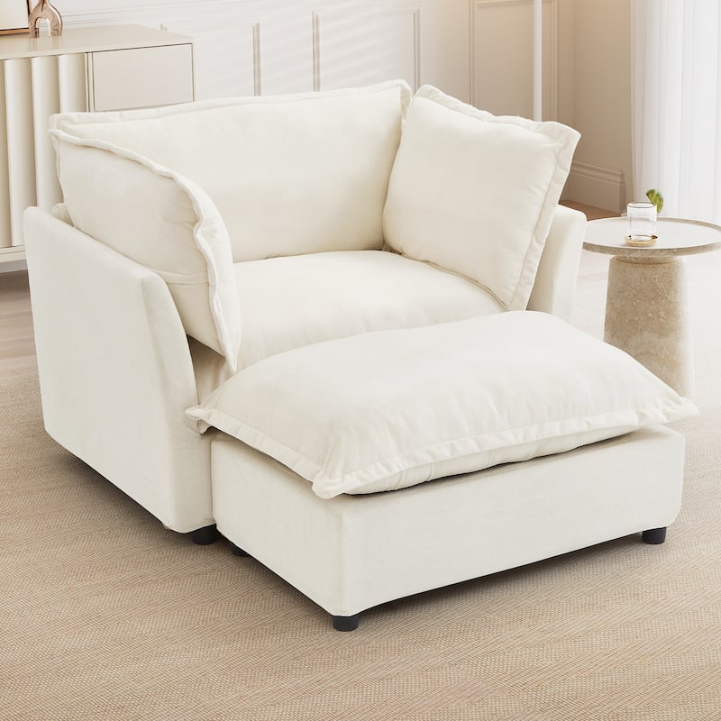 47" Cozy Upholstered Armchair with Movable Ottoman, Wide Seat, Curved Armrests and Soft Pillows - Beige
