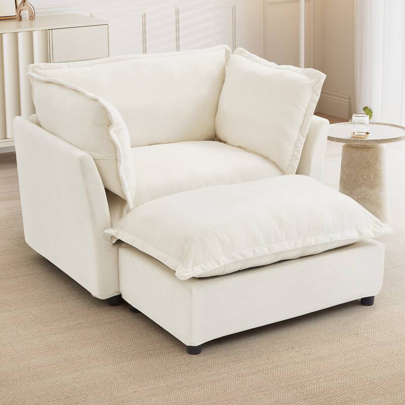 Modern Armchair Sofa 47" Cozy Upholstered Sofa Chair With Movable Ottoman, Wide Seat, Curved Armrests And Soft Pillows - Beige