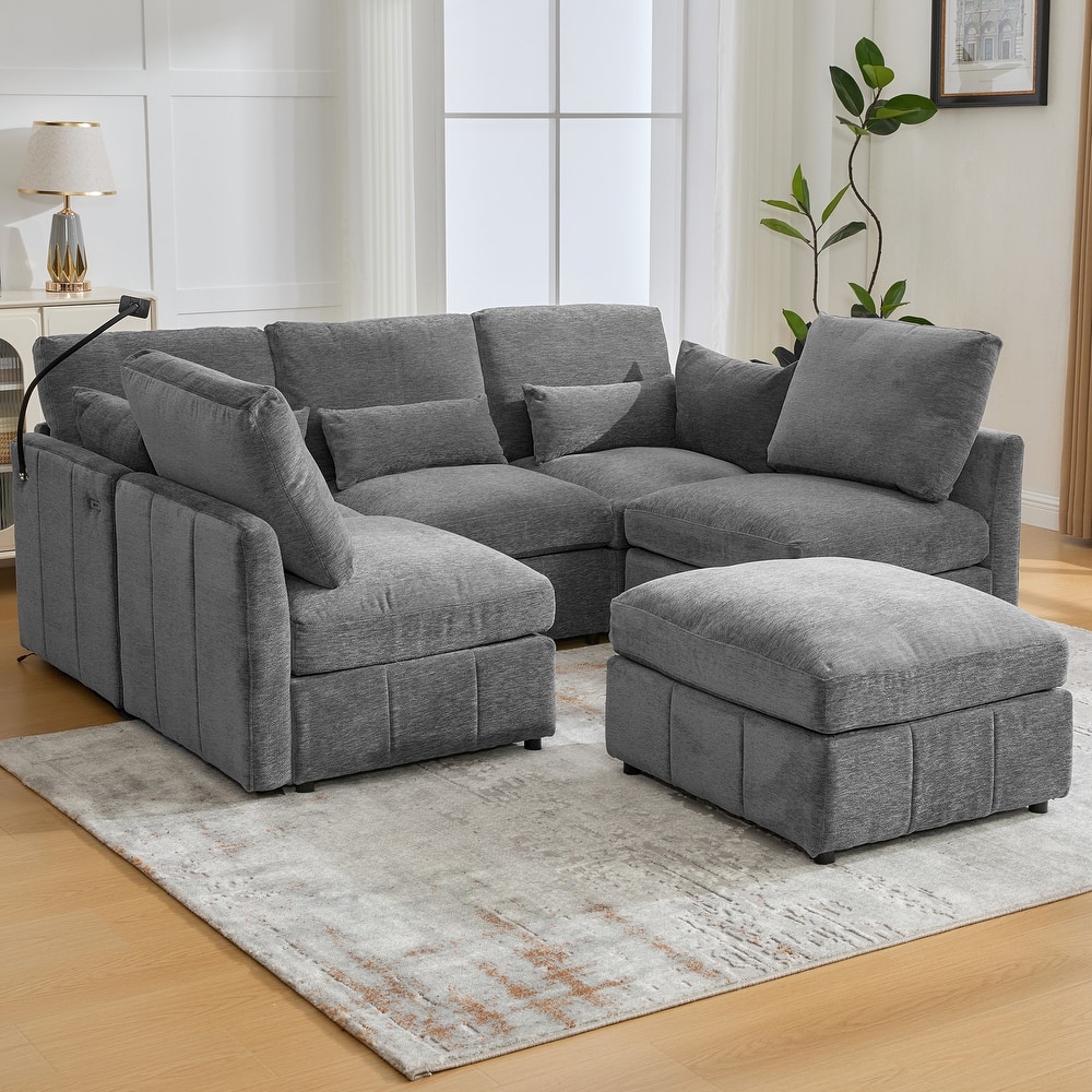 Modular Sectional Sofa with Movable Ottoman Convertible L-Shape or U-Shape Sofa Bed Built-in USB Charging Ports and Phone Holder