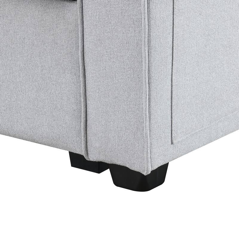 Linen Straight Row Sectional Sofa w4 Pillows, Console, Wired or Wirelessly Charged, Side Pockets, 2 Cupholders and 2 USB Ports