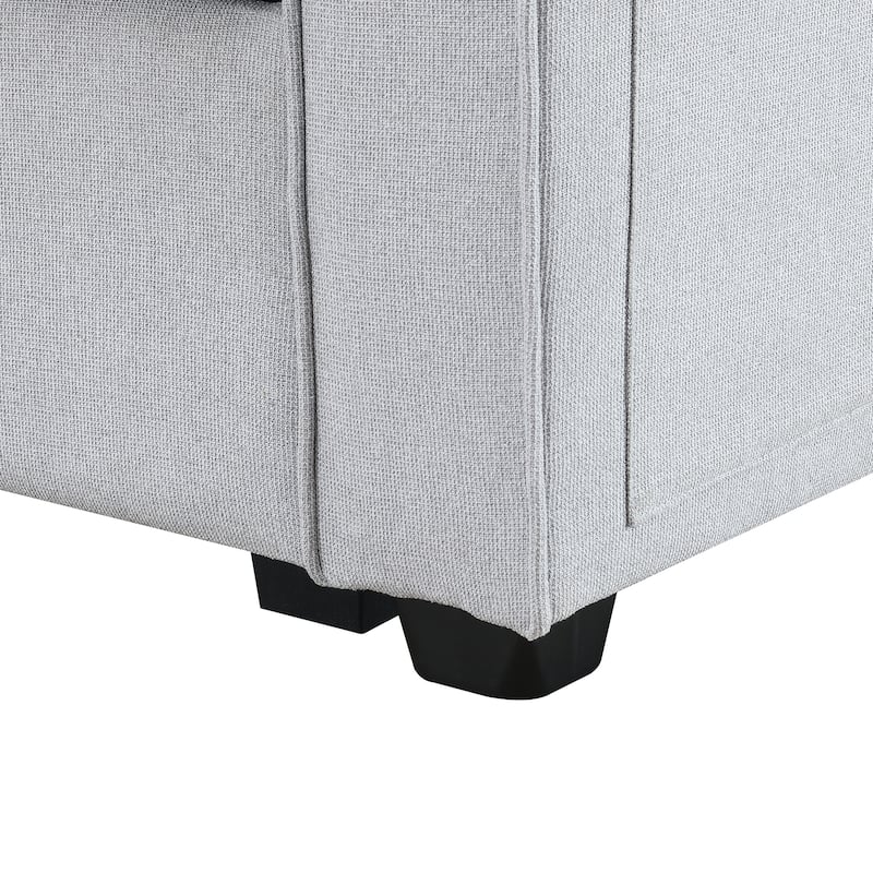 Modern 4-Seat Sofa with Console, Wireless Charging, 2 Cupholders, and 4 Pillows, Upholstered in Linen Fabric