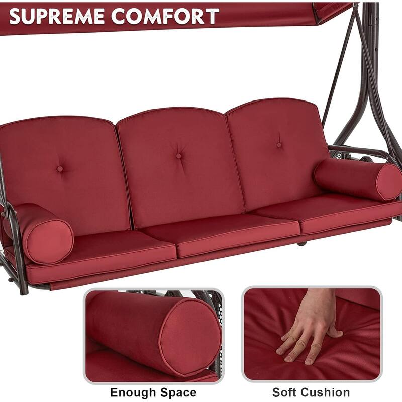 Outdoor 3-Seat Porch Swing with Adjustable Canopy & Cup Holder,Porch Swing Glider Chair, Heavy-Duty Steel Frame